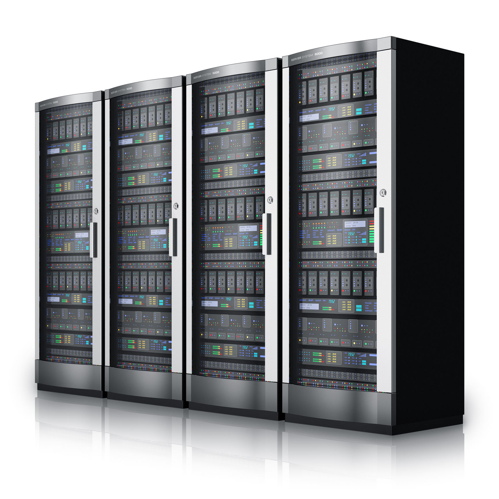 Row of network servers in data center isolated on white background with reflection effect